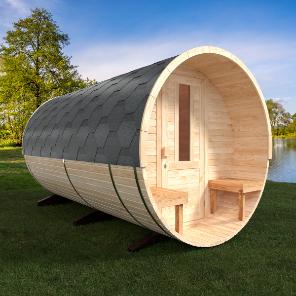 Fasssauna / Gartensauna / Banja / Round 3,5 m mit Balkon und Vorraum